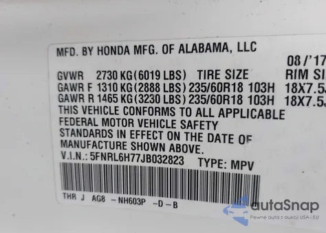2018 Honda Odyssey Ex-L z USA, uszkodzony, nr VIN 5FNRL6H77JB032823